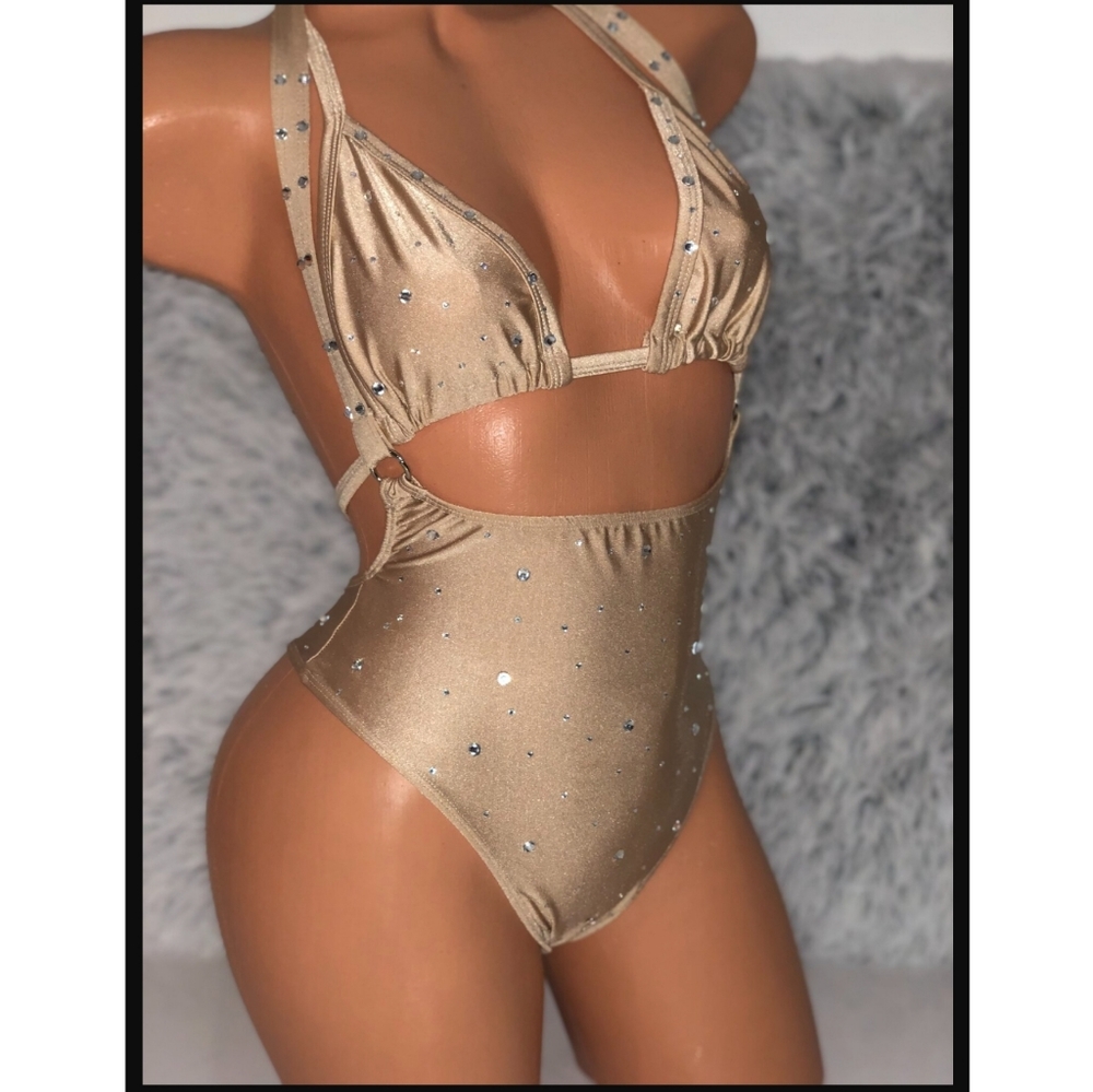 Exotic Dance Set 2 piece Suspender Bodysuit with Crystals